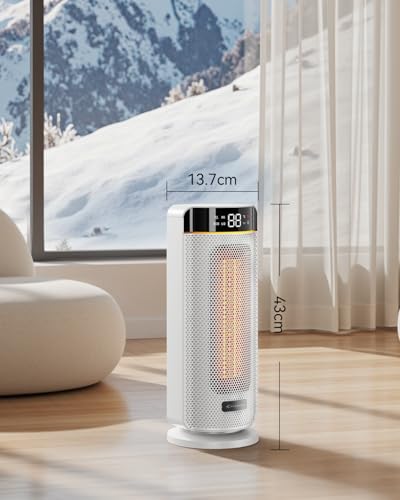 MYCARBON 43cm Heizlüfter Bad - 32dB Leiser 1900W ECO Modus 12H Timer 70° Oszillation, Heizlüfter Energiesparend, PTC Keramik, Fernbedienung, Thermostat für Bad Schlafzimmer Wohnzimmer Büro, Weiß – Bild 2