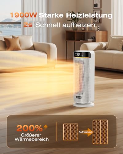 MYCARBON 43cm Heizlüfter Bad - 32dB Leiser 1900W ECO Modus 12H Timer 70° Oszillation, Heizlüfter Energiesparend, PTC Keramik, Fernbedienung, Thermostat für Bad Schlafzimmer Wohnzimmer Büro, Weiß – Bild 3