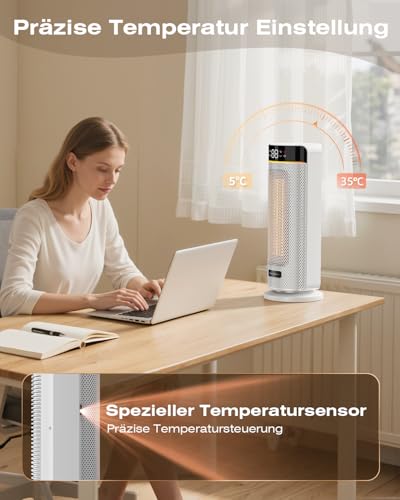 MYCARBON 43cm Heizlüfter Bad - 32dB Leiser 1900W ECO Modus 12H Timer 70° Oszillation, Heizlüfter Energiesparend, PTC Keramik, Fernbedienung, Thermostat für Bad Schlafzimmer Wohnzimmer Büro, Weiß – Bild 4