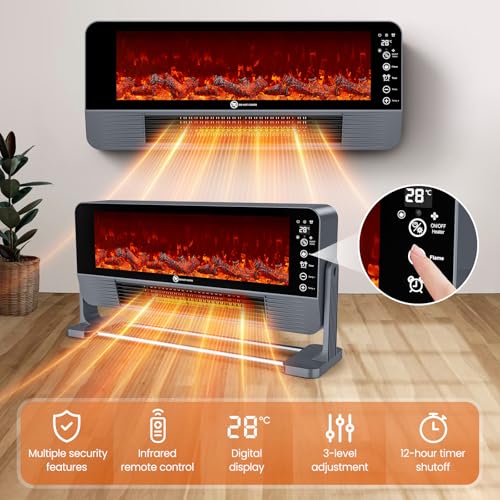 Heizlüfter Energiesparend, 2000W PTC Keramik Heizlüfter mit 3D-Flammeneffekt, 3 Modi, Wand/Standgerät, Überhitzungs/Kippschutz, 12H Timer, Fernbedienung, für Büro, Wohnzimmer, Schlafzimmer geeignet – Bild 2