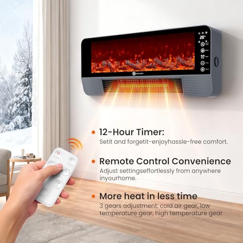 Heizlüfter Energiesparend, 2000W PTC Keramik Heizlüfter mit 3D-Flammeneffekt, 3 Modi, Wand/Standgerät, Überhitzungs/Kippschutz, 12H Timer, Fernbedienung, für Büro, Wohnzimmer, Schlafzimmer geeignet – Bild 3