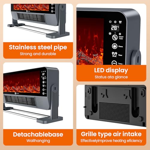 Heizlüfter Energiesparend, 2000W PTC Keramik Heizlüfter mit 3D-Flammeneffekt, 3 Modi, Wand/Standgerät, Überhitzungs/Kippschutz, 12H Timer, Fernbedienung, für Büro, Wohnzimmer, Schlafzimmer geeignet – Bild 4