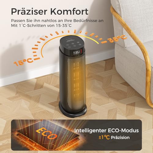 Aroeve Heizlüfter, 2000W PTC Keramik Heizlüfter Energiesparend mit 4 Modi, ECO-Elektroheizung, 90° Oszillation, 24H Timer, Fernbedienung Klein, Leise Heizung, Überhitzungs und Kippschutz für Zuhause – Bild 6