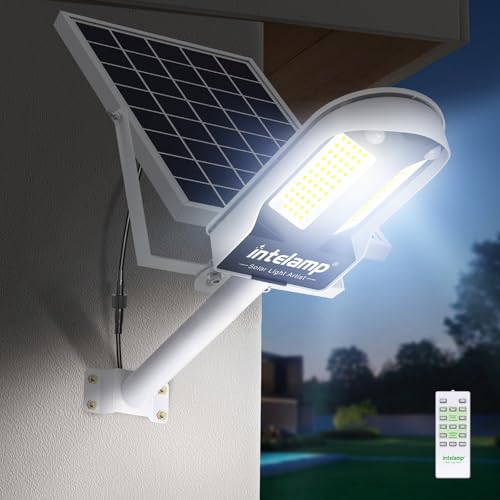 INTELAMP Solar Straßenlaterne mit Fernbedienung, 12500mAh 3000LM Solar Strahler Außen 6500K Straßenlampe Wandleuchte mit Bewegungsmelder Sensor, Außen Wegeleuchte im Freien Straßenleuchte