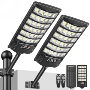 PEAKRO Solar Straßenlaterne für Außen, 6000K LED Solarleuchten Wasserdicht mit Fernbedienung & Bewegungssensor, Solarlampen Außen Dämmerung bis zum Morgengrauen, Solar Wegeleuchte für Parkplatz Hof(2)