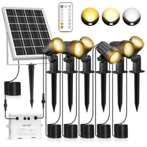 MEIKEE Solar Strahler 6 Stück mit Fernbedienung Solar Gartenleuchte 2700K 4000K 6000K Solarlampen IP66 Wasserdicht 3 Helligkeit Timer Gartenbeleuchtung für Garten Pfad Terrasse Rasen Bäume
