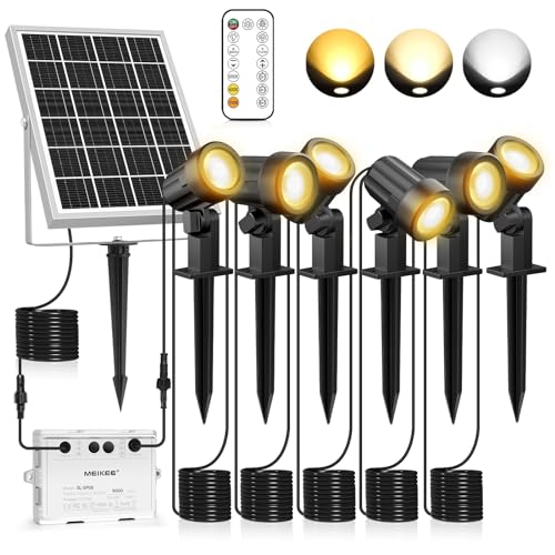 MEIKEE Solar Strahler 6 Stück mit Fernbedienung Solar Gartenleuchte 2700K 4000K 6000K Solarlampen IP66 Wasserdicht 3 Helligkeit Timer Gartenbeleuchtung für Garten Pfad Terrasse Rasen Bäume