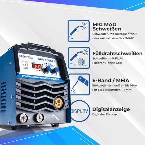 IPOTOOLS MIG-160ERS 5in1 MIG MAG Schweißgerät - Schutzgas Schweissgerät mit 160 Ampere Inverter FLUX/Fülldrahtschweißgerät ohne Gas Elektroden/E-Hand geeignet/Digital/IGBT / 230V / 7 Jahre Garantie – Bild 5