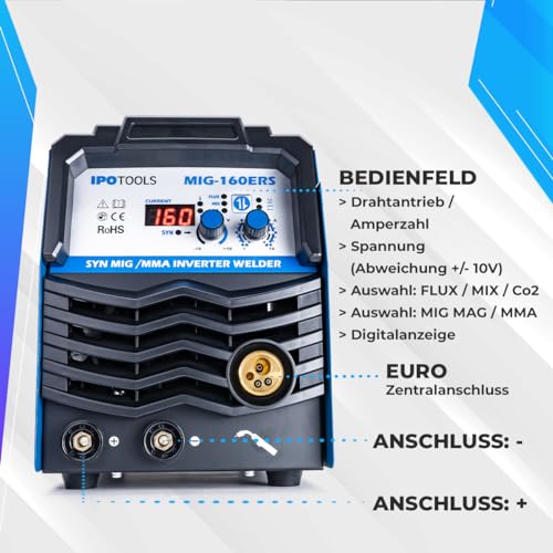 IPOTOOLS MIG-160ERS 5in1 MIG MAG Schweißgerät - Schutzgas Schweissgerät mit 160 Ampere Inverter FLUX/Fülldrahtschweißgerät ohne Gas Elektroden/E-Hand geeignet/Digital/IGBT / 230V / 7 Jahre Garantie – Bild 6