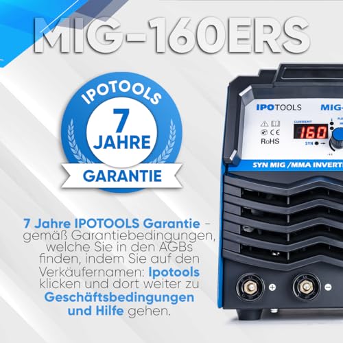 IPOTOOLS MIG-160ERS 5in1 MIG MAG Schweißgerät - Schutzgas Schweissgerät mit 160 Ampere Inverter FLUX/Fülldrahtschweißgerät ohne Gas Elektroden/E-Hand geeignet/Digital/IGBT / 230V / 7 Jahre Garantie – Bild 7
