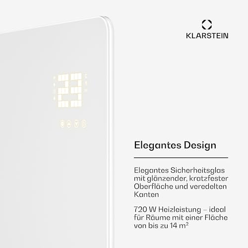 Klarstein Infrarotheizung 720W – Wandmontage & Standgerät, Thermostat, App-Steuerung, Glas-Design, IP43, Überhitzungsschutz, für Bad & Wohnzimmer, elektrische Wandheizung, Weiß – Bild 3
