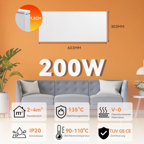Warmfay Infrarotheizung 200W, Energiesparende Infrarot Wandheizung für 2-4 m², Elektroheizung mit Überhitzungsschutz TÜV SÜD, 603mmx303mm – Bild 2