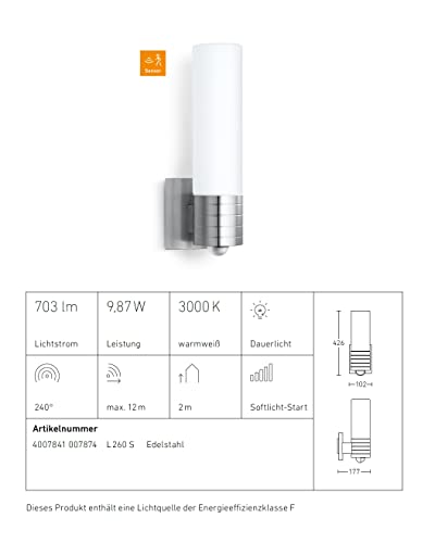 Steinel Sensor Außenleuchte L 260 S, 9.87 W LED Lampe, 240° Bewegungsmelder, 12 m Reichweite, 703 lm, Edelstahl, Weiß – Bild 5