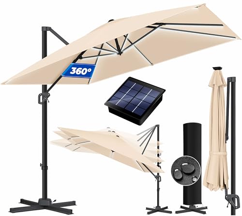 KESSER® Sonnenschirm LED Solar Ampelschirm SUN XL 300 x 300 cm Inkl. Abdeckung Windsicherung Drehbar Neigbar Kippbar Marktschirm Groß 360° Rotation, Gartenschirm mit Kurbel Sonnenschutz, Beige