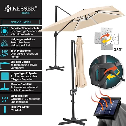 KESSER® Sonnenschirm LED Solar Ampelschirm SUN XL 300 x 300 cm Inkl. Abdeckung Windsicherung Drehbar Neigbar Kippbar Marktschirm Groß 360° Rotation, Gartenschirm mit Kurbel Sonnenschutz, Beige – Bild 2