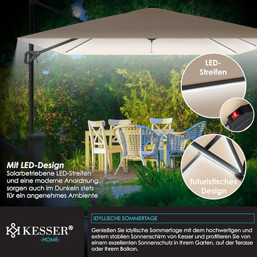 KESSER® Sonnenschirm LED Solar Ampelschirm SUN XL 300 x 300 cm Inkl. Abdeckung Windsicherung Drehbar Neigbar Kippbar Marktschirm Groß 360° Rotation, Gartenschirm mit Kurbel Sonnenschutz, Beige – Bild 3