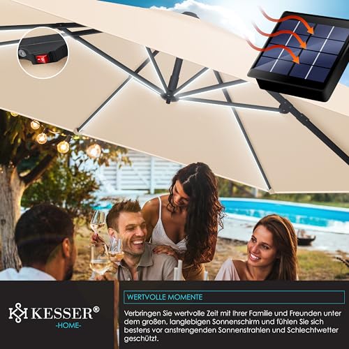 KESSER® Sonnenschirm LED Solar Ampelschirm SUN XL 300 x 300 cm Inkl. Abdeckung Windsicherung Drehbar Neigbar Kippbar Marktschirm Groß 360° Rotation, Gartenschirm mit Kurbel Sonnenschutz, Beige – Bild 4