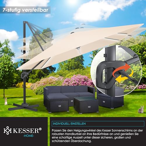 KESSER® Sonnenschirm LED Solar Ampelschirm SUN XL 300 x 300 cm Inkl. Abdeckung Windsicherung Drehbar Neigbar Kippbar Marktschirm Groß 360° Rotation, Gartenschirm mit Kurbel Sonnenschutz, Beige – Bild 5