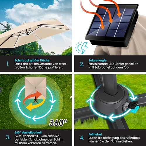 KESSER® Sonnenschirm LED Solar Ampelschirm SUN XL 300 x 300 cm Inkl. Abdeckung Windsicherung Drehbar Neigbar Kippbar Marktschirm Groß 360° Rotation, Gartenschirm mit Kurbel Sonnenschutz, Beige – Bild 6