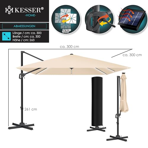 KESSER® Sonnenschirm LED Solar Ampelschirm SUN XL 300 x 300 cm Inkl. Abdeckung Windsicherung Drehbar Neigbar Kippbar Marktschirm Groß 360° Rotation, Gartenschirm mit Kurbel Sonnenschutz, Beige – Bild 7