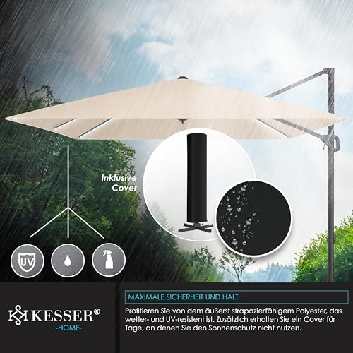 KESSER® Sonnenschirm LED Solar Ampelschirm SUN XL 300 x 300 cm Inkl. Abdeckung Windsicherung Drehbar Neigbar Kippbar Marktschirm Groß 360° Rotation, Gartenschirm mit Kurbel Sonnenschutz, Beige – Bild 8