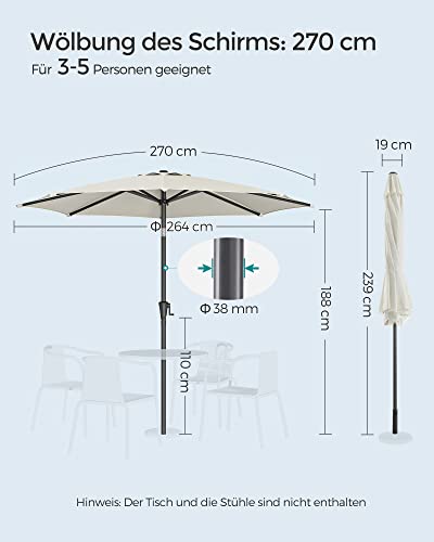 SONGMICS Sonnenschirm 270 cm, UPF 50 , Strandschirm, beidseitig um 30° knickbar, Sonnenschutz, mit Kurbel zum Öffnen/Schließen, für Terrasse, Balkon, Pool, ohne Ständer, beige GPU27BE – Bild 7