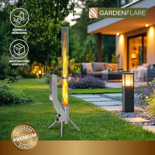 GARDENFLARE Feuerrohr Premium – Große Edelstahl Pelletfackel mit Flamme bis 1,5m & Reinigungsbürste inklusive, Feuersäule für Garten & Terrasse - Dein Nachhaltiges Outdoor Ambiente Feuer (Silber) – Bild 2