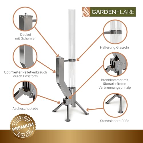 GARDENFLARE Feuerrohr Premium – Große Edelstahl Pelletfackel mit Flamme bis 1,5m & Reinigungsbürste inklusive, Feuersäule für Garten & Terrasse - Dein Nachhaltiges Outdoor Ambiente Feuer (Silber) – Bild 4