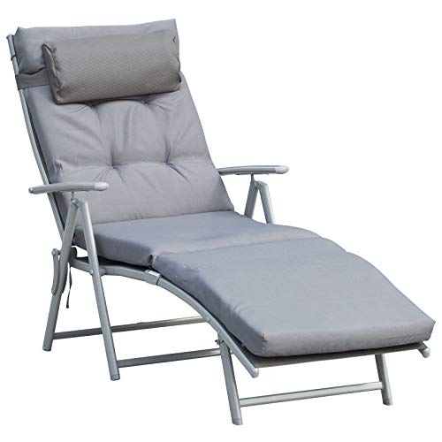 Outsunny Sonnenliege klappbar Strandliege mit Kopfkissen Sitzkissen Liegestuhl mit 7-Fach verstellbare Rückenlehne Gartenliege Relaxliege bis 165 kg belastbar, für Garten Urlaub Outdoor, Grau