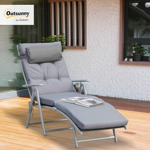 Outsunny Sonnenliege klappbar Strandliege mit Kopfkissen Sitzkissen Liegestuhl mit 7-Fach verstellbare Rückenlehne Gartenliege Relaxliege bis 165 kg belastbar, für Garten Urlaub Outdoor, Grau – Bild 2