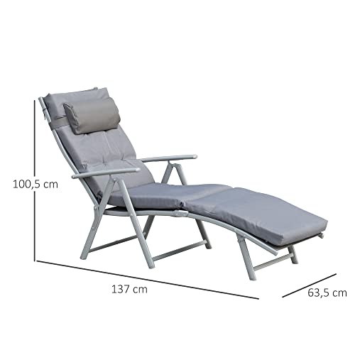Outsunny Sonnenliege klappbar Strandliege mit Kopfkissen Sitzkissen Liegestuhl mit 7-Fach verstellbare Rückenlehne Gartenliege Relaxliege bis 165 kg belastbar, für Garten Urlaub Outdoor, Grau – Bild 3