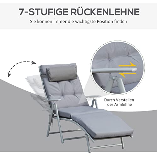 Outsunny Sonnenliege klappbar Strandliege mit Kopfkissen Sitzkissen Liegestuhl mit 7-Fach verstellbare Rückenlehne Gartenliege Relaxliege bis 165 kg belastbar, für Garten Urlaub Outdoor, Grau – Bild 4