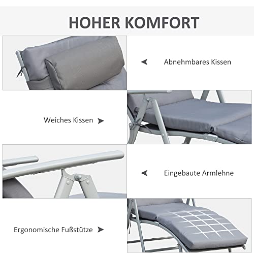 Outsunny Sonnenliege klappbar Strandliege mit Kopfkissen Sitzkissen Liegestuhl mit 7-Fach verstellbare Rückenlehne Gartenliege Relaxliege bis 165 kg belastbar, für Garten Urlaub Outdoor, Grau – Bild 5