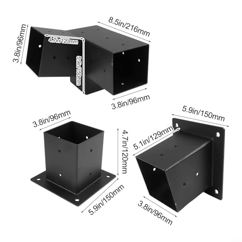 Desiumite Pergola-Halterungen aus Stahl für den Außenbereich für 10,2 x 10,2 cm Pfosten, schräges Dach, 15° 3-Wege- und unidirektionale Stützhalterung, Set mit Hardware, Wandmontage, Pavillon (links – Bild 3