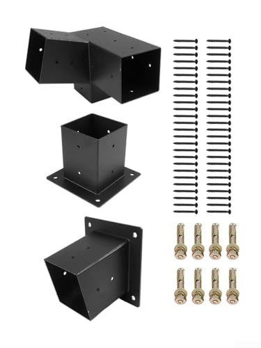 Desiumite Pergola-Halterungen aus Stahl für den Außenbereich für 10,2 x 10,2 cm Pfosten, schräges Dach, 15° 3-Wege- und unidirektionale Stützhalterung, Set mit Hardware, Wandmontage, Pavillon (links – Bild 7