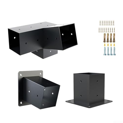 Desiumite Pergola-Halterungen aus Stahl für den Außenbereich für 10,2 x 10,2 cm Pfosten, schräges Dach, 15° 3-Wege- und unidirektionale Stützhalterung, Set mit Hardware, Wandmontage, Pavillon (links – Bild 9