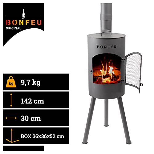 BonFeu Bongiano SP Schwarz - Terrassenofen - Feuerstelle mit Funkenschutz für entspannte Abende - Feuersäule Outdoor - Terrassenkamin mit Grillrost - Gartenofen aus hochwertigem Stahl - 30x30x142cm – Bild 2