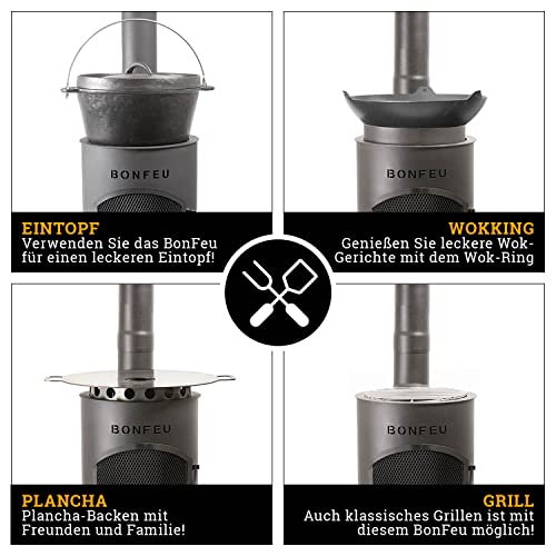 BonFeu Bongiano SP Schwarz - Terrassenofen - Feuerstelle mit Funkenschutz für entspannte Abende - Feuersäule Outdoor - Terrassenkamin mit Grillrost - Gartenofen aus hochwertigem Stahl - 30x30x142cm – Bild 5