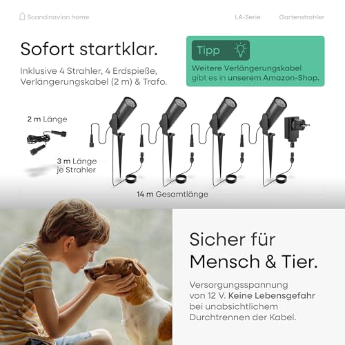 Scandinavian home Gartenbeleuchtung 4er Set - 12V LED Gartenstrahler mit Erdspieß, IP65 Wasserdicht, 3000K Warmweiß, Strahler Außen - Erweiterbare Gartenbeleuchtung mit Strom für Garten & Wege – Bild 6