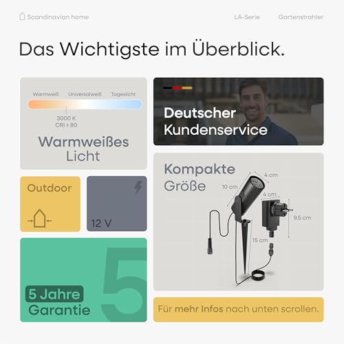 Scandinavian home Gartenbeleuchtung 4er Set - 12V LED Gartenstrahler mit Erdspieß, IP65 Wasserdicht, 3000K Warmweiß, Strahler Außen - Erweiterbare Gartenbeleuchtung mit Strom für Garten & Wege – Bild 7