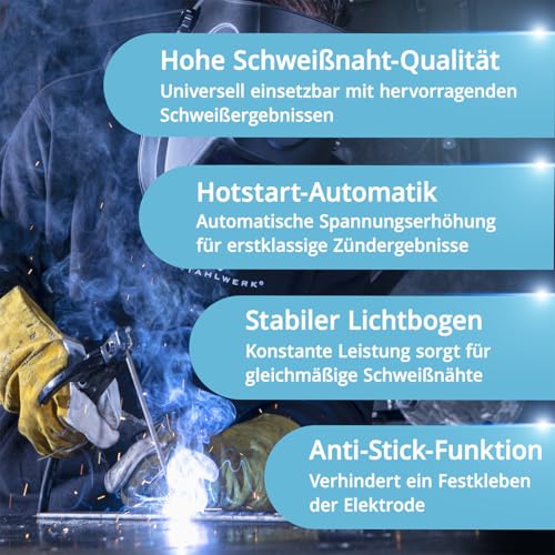 STAHLWERK Elektroden-Schweißgerät ARC 200 Synergic Pro Digital – Schweißen ohne Schutzgas, MMA, E-Hand, Lift-TIG Inverter, 200 A, Smartkühlung & Überhitzungsschutz, Hot Start und Antistick-Funktion – Bild 5