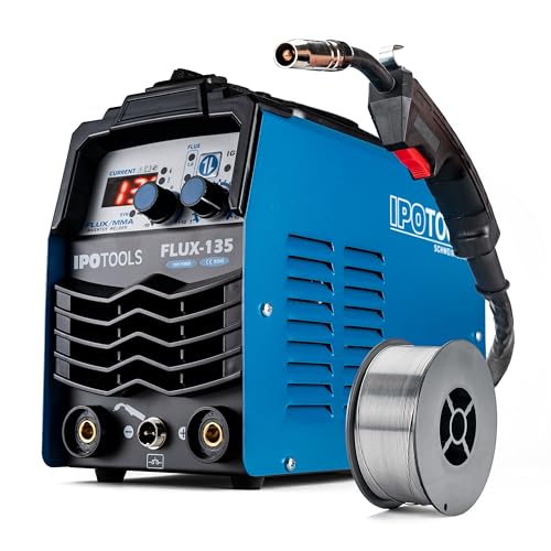 IPOTOOLS FLUX-135 Fülldraht Schweißgerät Ohne Gas 135A – 3-in-1 FLUX/ARC/MMA Inverter Schweißgerät mit Synergischem Drahtvorschub, IGBT, 230V, Kompakt & Tragbar – 7 Jahre Garantie
