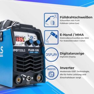 Alternative view of IPOTOOLS FLUX-135 Fülldraht Schweißgerät Ohne Gas 135A – 3-in-1 FLUX/ARC/MMA Inverter Schweißgerät mit Synergischem Drahtvorschub, IGBT, 230V, Kompakt & Tragbar – 7 Jahre Garantie