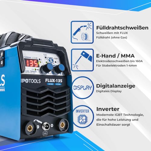 IPOTOOLS FLUX-135 Fülldraht Schweißgerät Ohne Gas 135A – 3-in-1 FLUX/ARC/MMA Inverter Schweißgerät mit Synergischem Drahtvorschub, IGBT, 230V, Kompakt & Tragbar – 7 Jahre Garantie – Bild 2