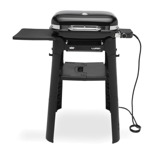 Weber Lumin Compact Tragbarer Kompakter Elektrogrill mit Stand/Anbraten, Räuchern, Dämpfen, Kochen und Warmhalten, Bis zu 315 °C, Porzellanemaillierte Gusseisenroste, 43 x 32 cm Grillfläche, Schwarz