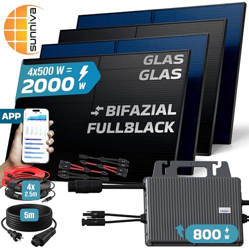 SUNNIVA 2000W Balkonkraftwerk BIFAZIAL FULLBLACK komplett Steckdose TSUN 800W Wechselrichter, PV Solaranlage, 4x 500W Glas-Glas Solarmodule, inkl. 5m Kabel, Bluetooth WIFI, Komplettset – Bild 2