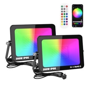 RIGIDON 2x 200W RGB LED Strahler APP-Steuerung, 20000LM RGBW Farbwechsel Flutlicht, Smart Dimmbar Timer Bunt Fluter Lampe Für Party Garten Baum Landschaft, Disco Feiern, Außen/Innen Wasserdicht IP66
