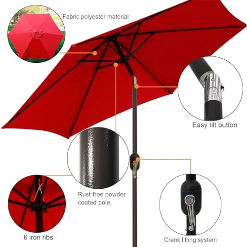 Blissun Terrassenschirm, 2,3 m, mit Druckknopfneigung und Kurbel, Rot – Bild 2