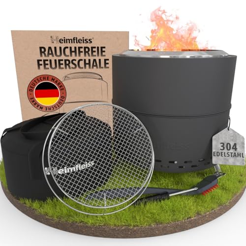Heimfleiss® Rauchfreie Feuerschale Edelstahl Ø50cm | Feuerkorb mit Grillrost | Feuerschale Rauchfrei für Garten, Camping, Balkon & Terrasse | Rauchfreie Feuerstelle mit Grill | Feuertonne ohne Rauch