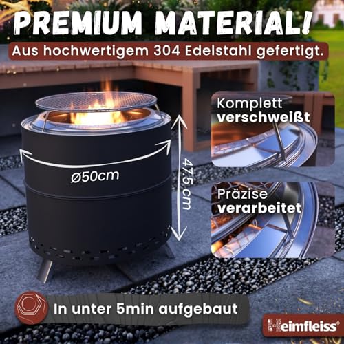 Heimfleiss® Rauchfreie Feuerschale Edelstahl Ø50cm | Feuerkorb mit Grillrost | Feuerschale Rauchfrei für Garten, Camping, Balkon & Terrasse | Rauchfreie Feuerstelle mit Grill | Feuertonne ohne Rauch – Bild 2